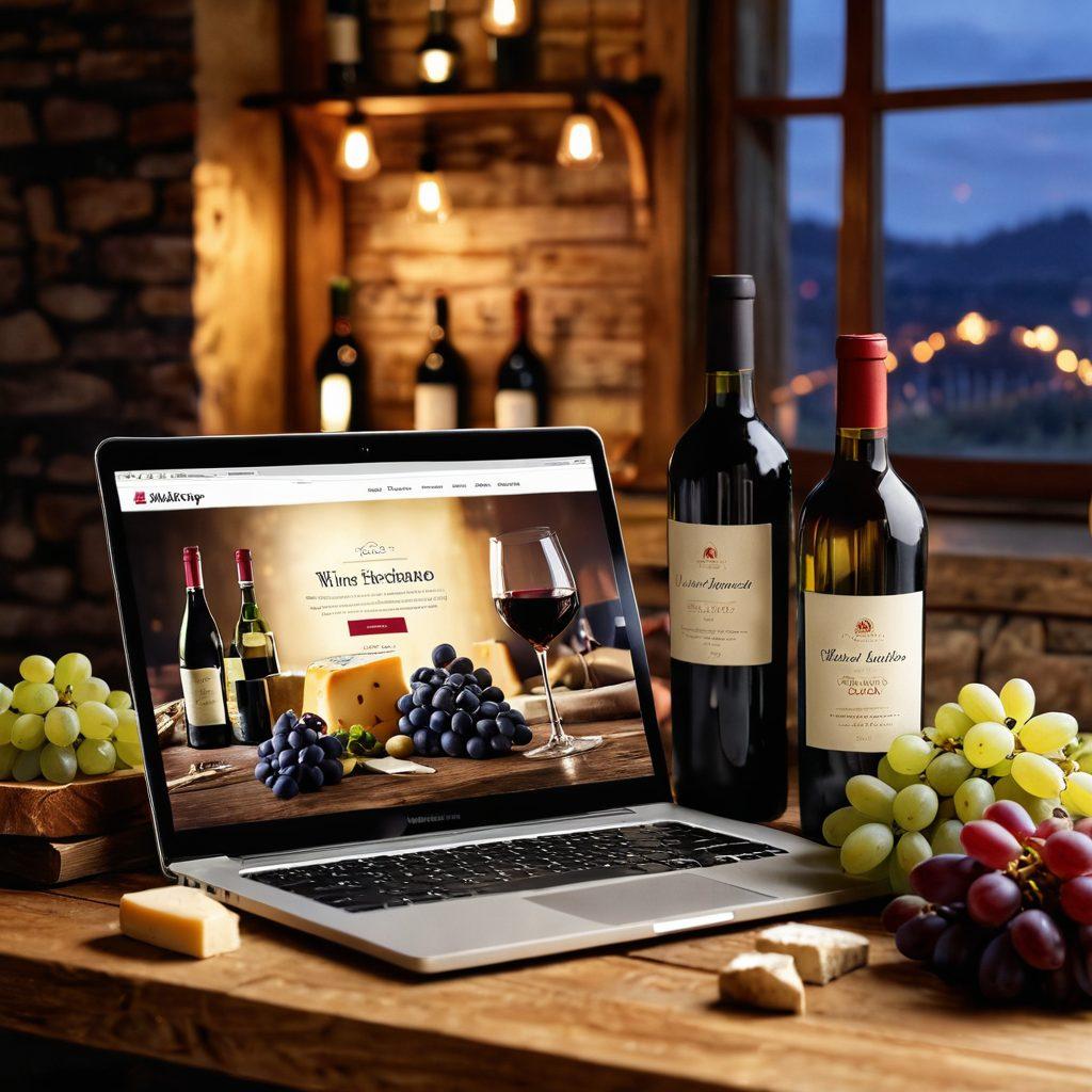 A cozy, elegant wine selection scene featuring a diverse array of wine bottles on a rustic wooden table, paired with gourmet cheese and grapes. Soft glowing lights from a nearby window, creating a warm ambiance. An open laptop displaying a vibrant online wine store interface, showcasing wine recommendations. Overlay of wine tasting notes and tips in a stylish font. super-realistic. warm colors. cozy atmosphere.