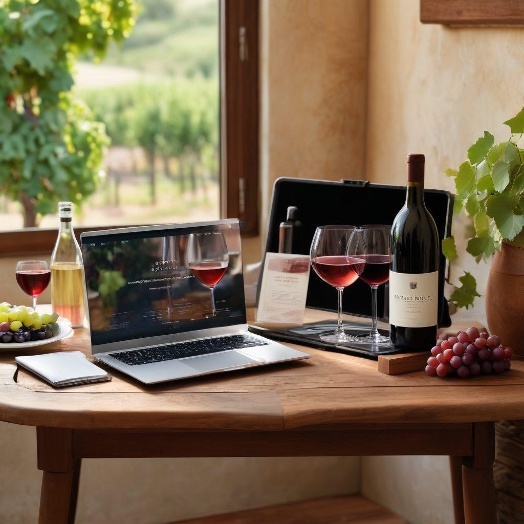 An elegant wine selection display showcasing a variety of red, white, and rosé wines, with a chic laptop open displaying a wine website. The background features lush grapevines and a rustic vineyard, creating a warm and inviting atmosphere. Soft, diffused lighting highlights the colors of the wine bottles and grapes. Include a swirling glass of red wine on a wooden table to enhance the sophisticated vibe. super-realistic. vibrant colors. 3D.