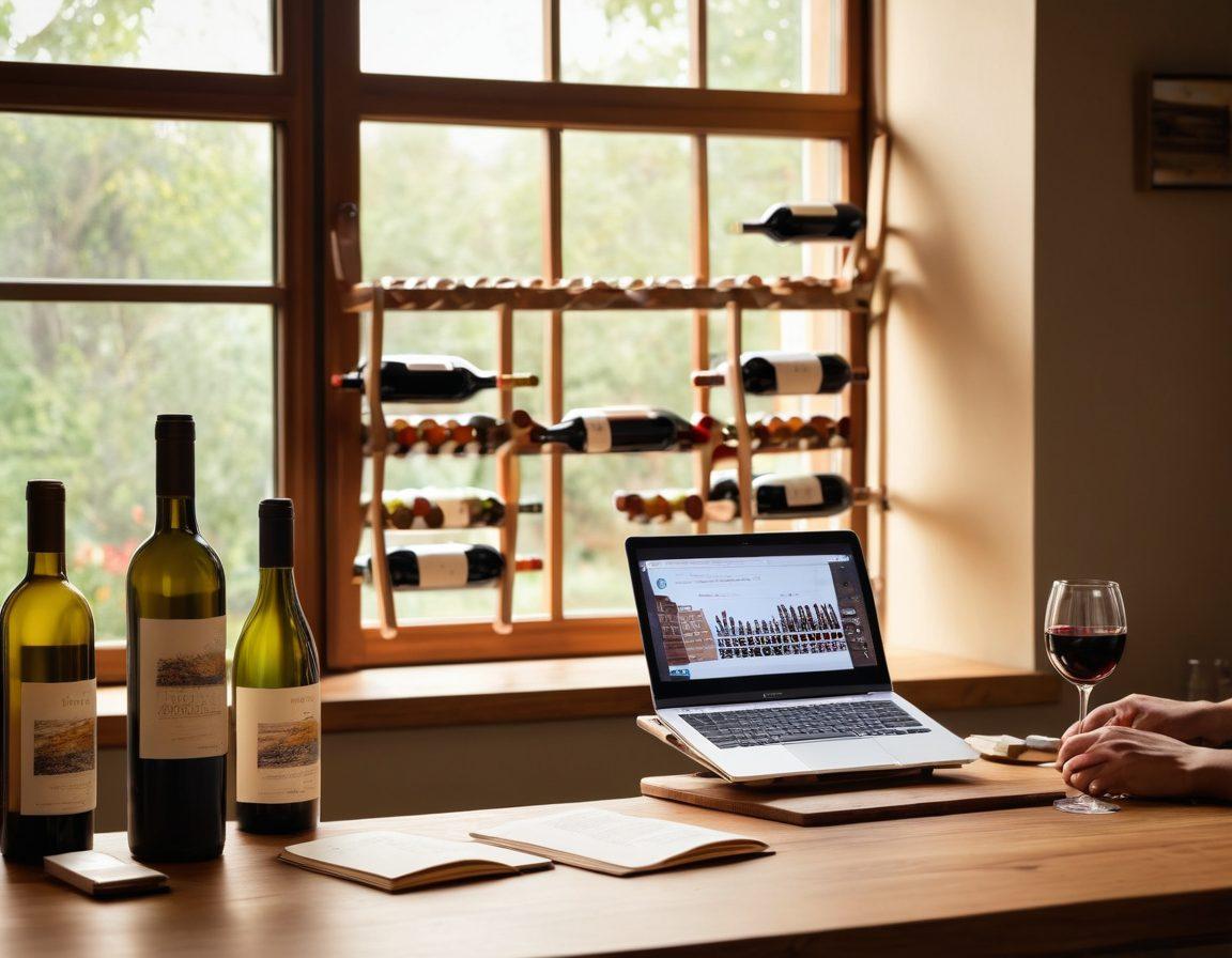 A cozy, inviting scene of a modern kitchen with a wooden wine rack filled with a diverse selection of wine bottles from various regions. A person engaging with a sleek laptop, browsing an online wine store with colorful wine labels displayed on the screen. Soft natural light streaming through a window, illuminating the glasses of wine on a table, with an open wine guidebook beside them. Super-realistic. Warm colors. Natural lighting.